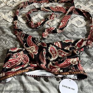 SHEIN Black and Red Paisley Bikini Top